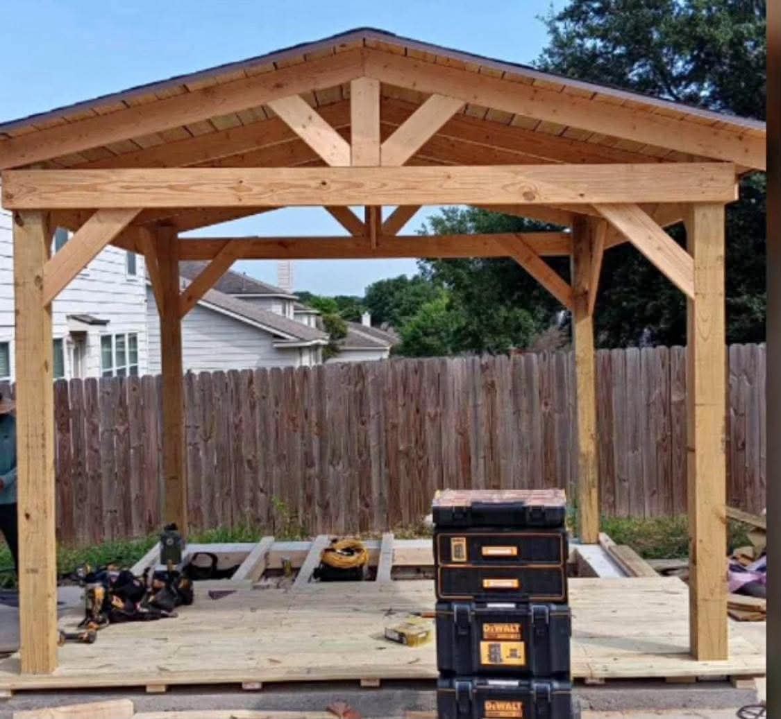 Wood pavilion frame under construction